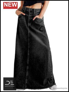 Y2K High Waist Denim Maxi Skirt Raw Hem A-Line Long Jean Skirt